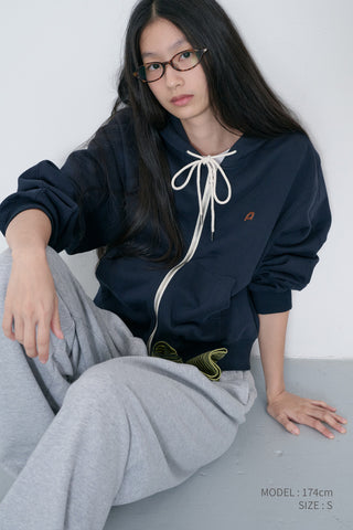 UNISEX LEATHER LOGO ZIP-UP HOODIE FRENCH NAVY