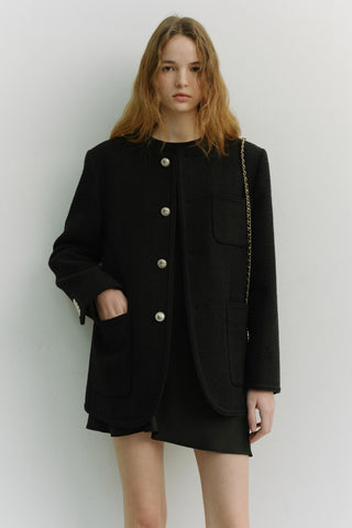UNISEX COLLARLESS TWEED JACKET BLACK